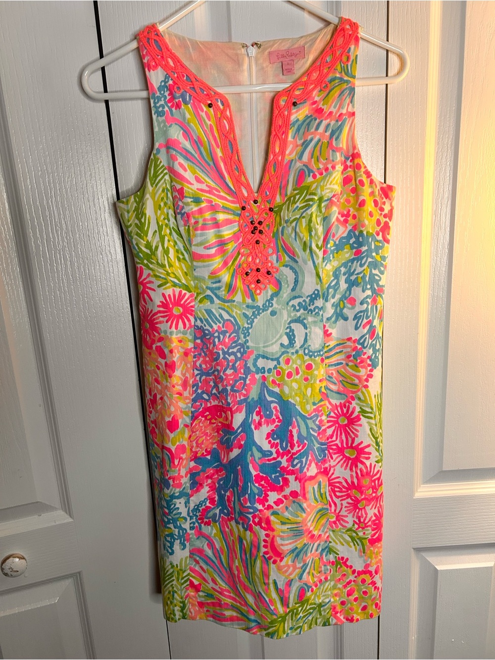 Lilly Pulitzer Size 2 Ryder Shift Dress Lover's Coral Sleeveless V Neck Beaded